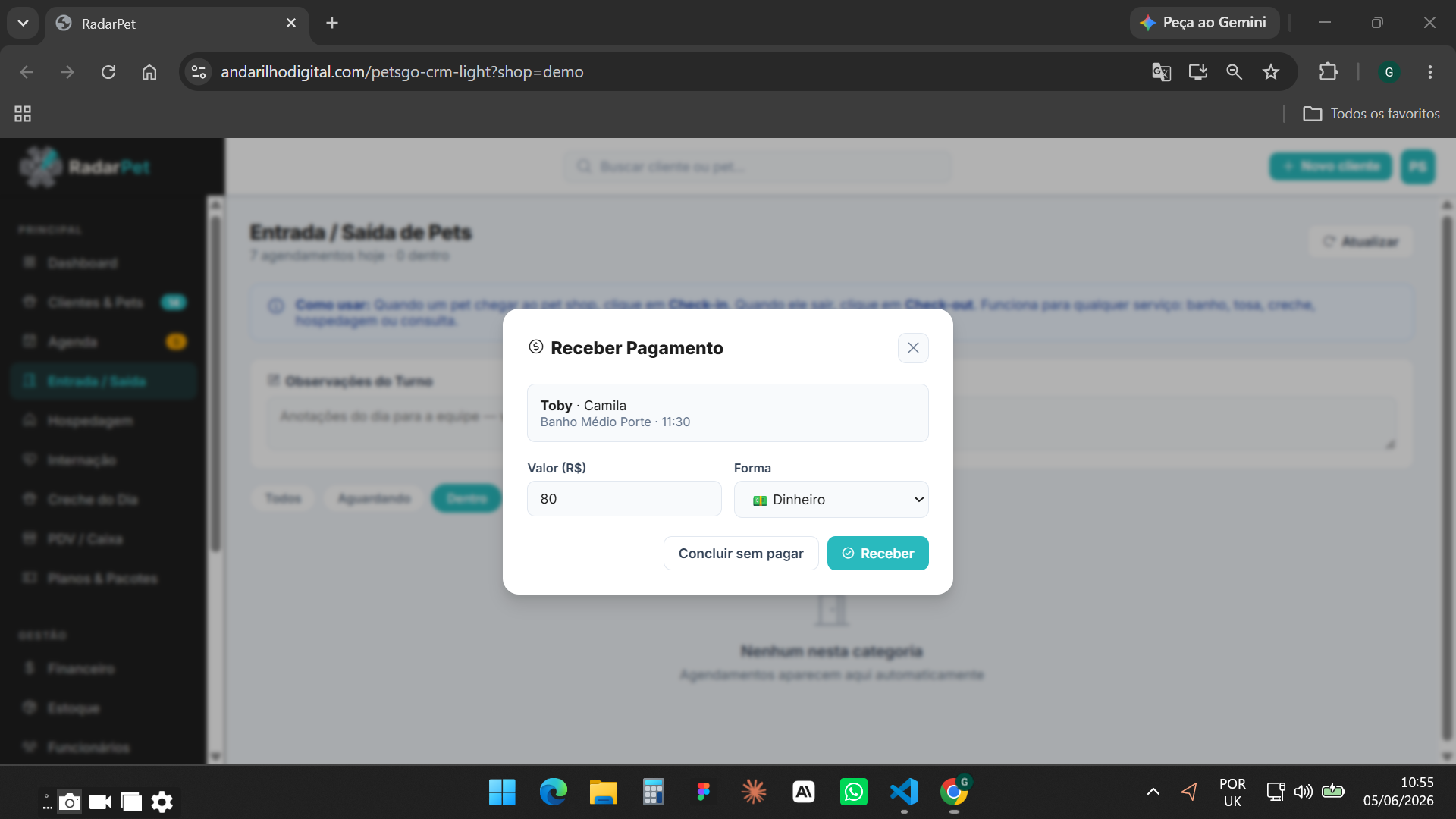 Modal de recebimento de pagamento