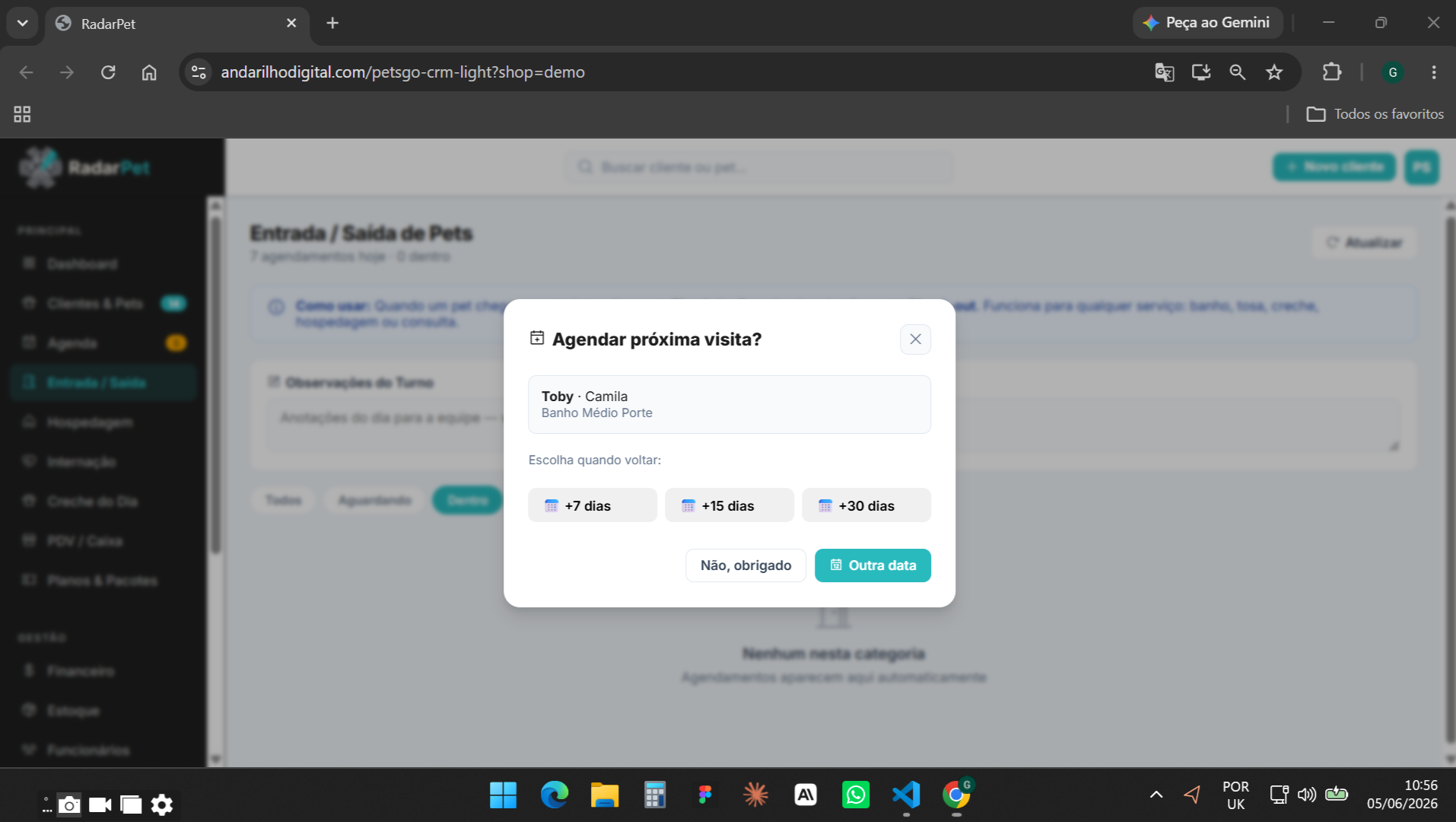 Modal de reagendamento da próxima visita