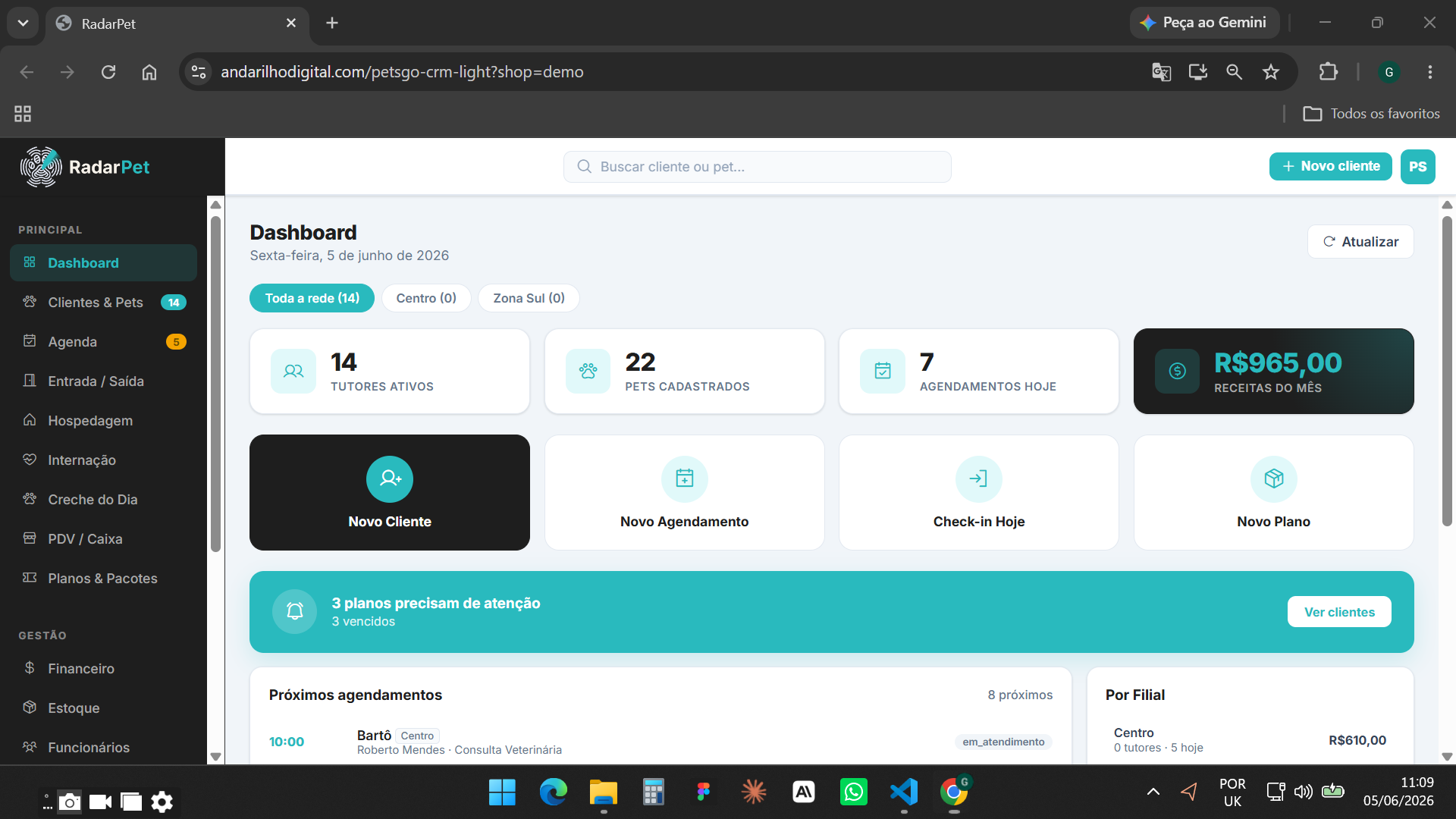Dashboard do RadarPet com agenda, financeiro e atendimento por IA no WhatsApp